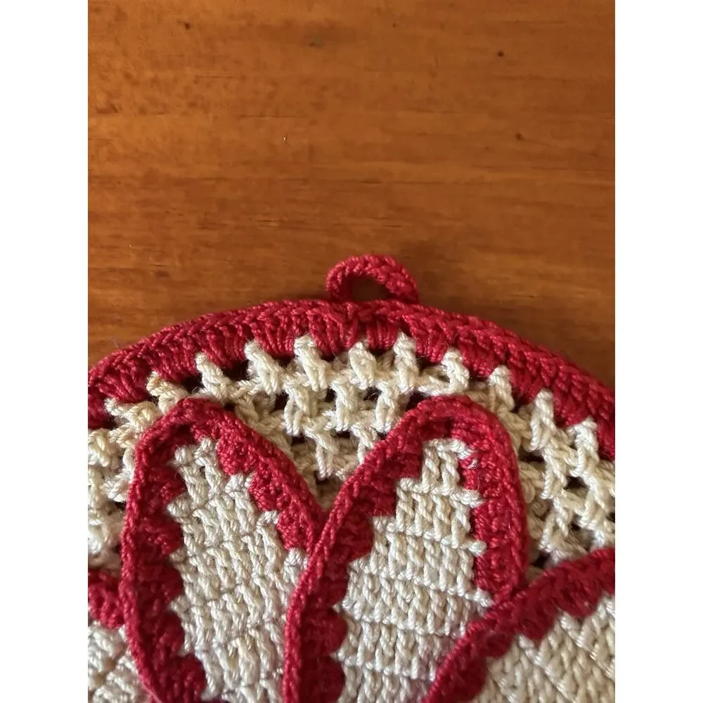 Vintage Crochet Floral Hot Pad Trivet Set Red White Handmade Kitchen Decor Pair